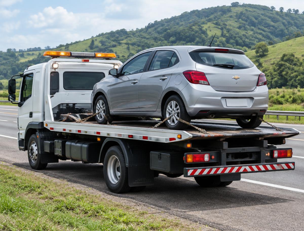 Veículo transportado com segurança em caminhão guincho